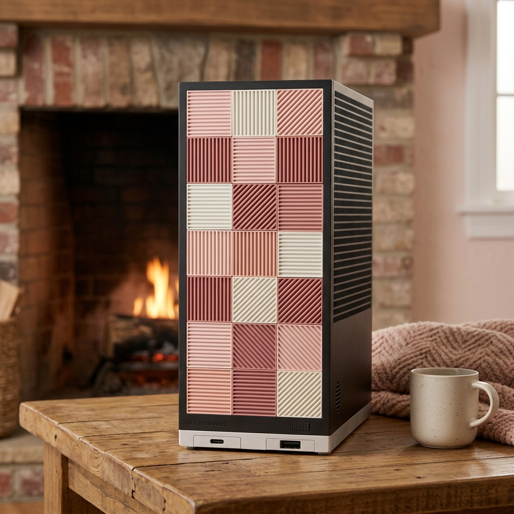 A straight black Framework desktop with pink and ivory ribbed plastic tiles, vented sides, and silver base in a cozy cottage room