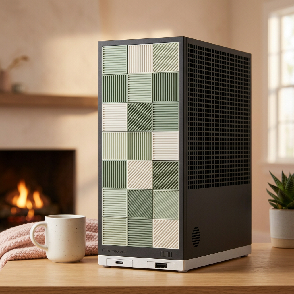A straight black Framework desktop with sage and ivory ribbed plastic tiles, vented sides, and silver base in a cozy cottage room