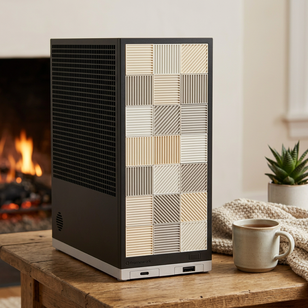 A straight black Framework desktop with ivory and pale gray ribbed plastic tiles, vented sides, and silver base in a cozy cottage room