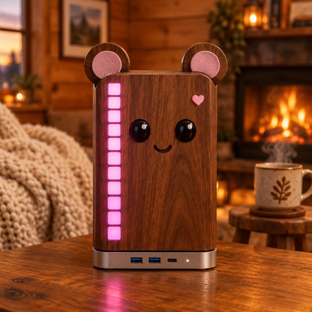 A walnut wood Framework desktop with a soft pink diffused LED glow, in a cozy cottage room