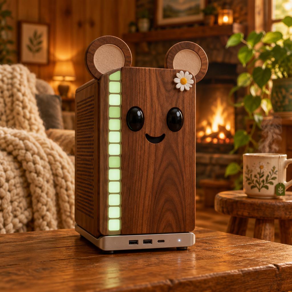 A walnut wood Framework desktop with a soft green diffused LED glow, in a cozy cottage room