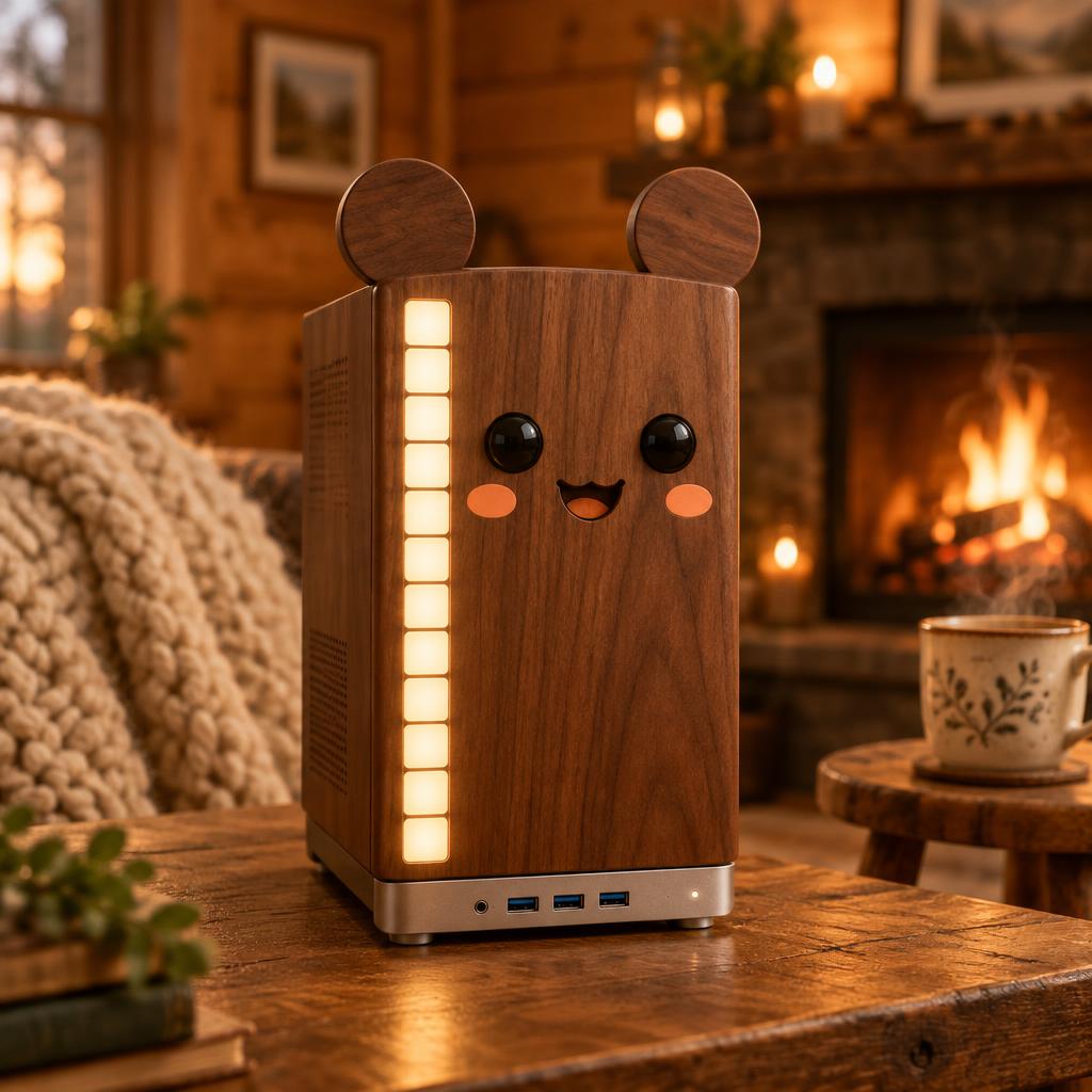 A walnut wood Framework desktop with a warm amber diffused LED glow, in a cozy cottage room